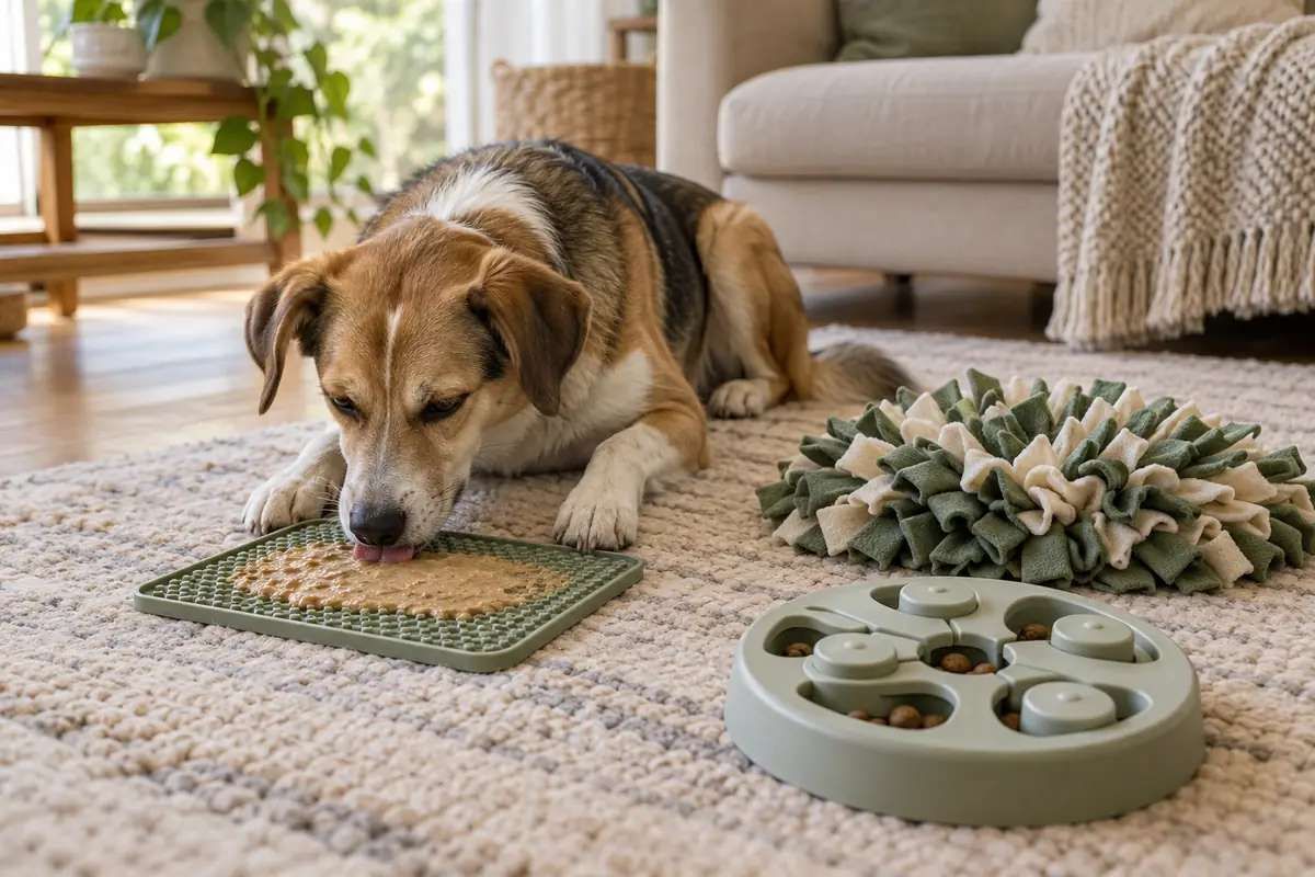 Tricolor beagle-mix dog lying on a woven rug, licking a green silicone lick mat spread with soft food, with a green and cream snuffle mat and a round sliding puzzle feeder holding kibble beside it