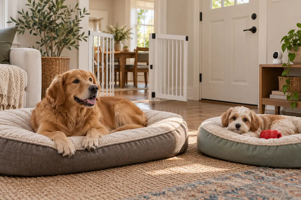 Golden retriever resting on a large round grey bed and a small fluffy cream and tan dog on a green bed with a red rubber food toy, in a sunny living room with an open white pet gate by the front door and a small white pet camera on a shelf