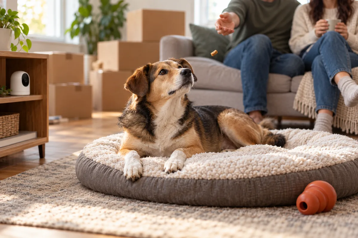 Calm tricolor mixed-breed dog on a round donut bed in a sunny living room with moving boxes behind, one of two people on the sofa tossing a treat, an orange rubber food toy on the rug and a small white pet camera on a shelf