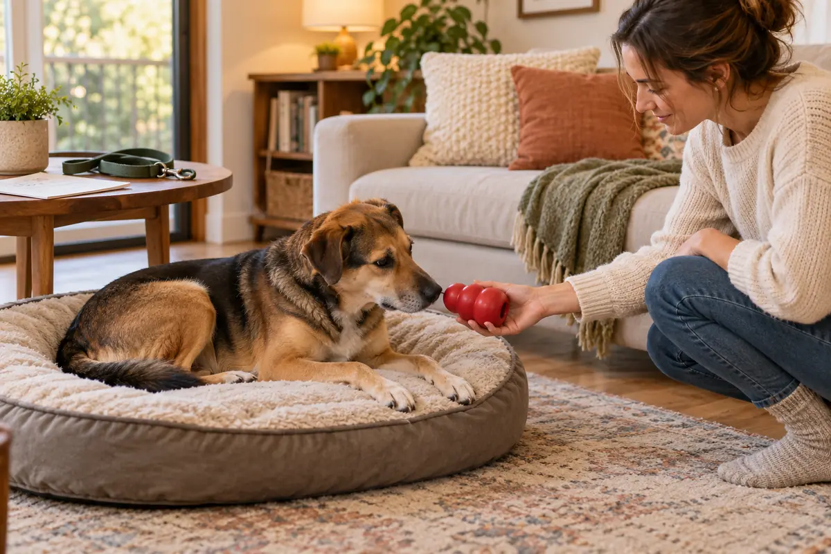 Pet sitter kneeling on a rug and offering a red stuffable chew toy to a calm shepherd-mix dog resting on a round donut bed, with a leash and care notes on the side table