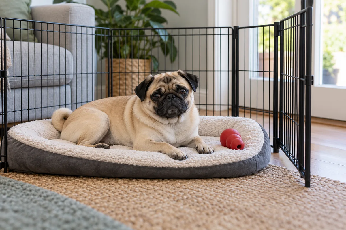 Calm adult Pug resting in an open exercise pen with a red KONG toy nearby near a doorway