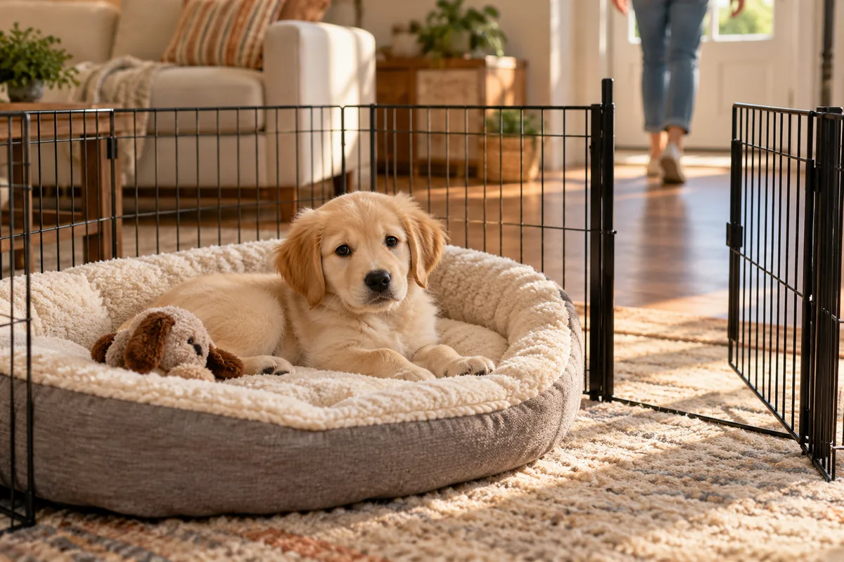 Golden Retriever puppy resting in a soft bed inside a wire playpen as a person walks out the door
