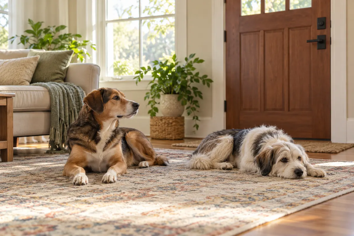 Two calm adult dogs, a medium-sized tan and black dog and a slightly smaller shaggy grey and white dog, rest together on a patterned rug in a bright living room by a window, one looking toward the front door