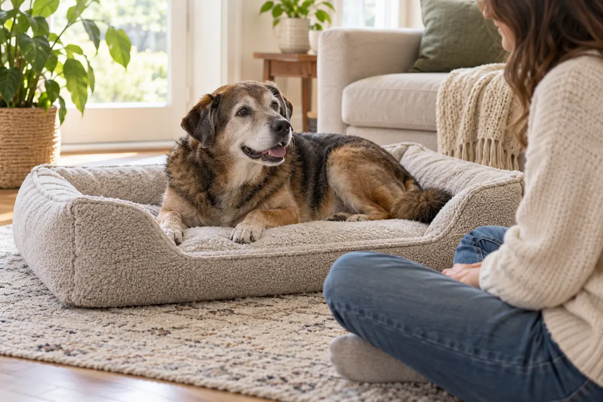 A grey-muzzled senior dog with a brown, black and tan coat lies relaxed on a low-sided fleece dog bed on a rug while a woman in a cream sweater sits on the floor beside the dog in a sunny living room
