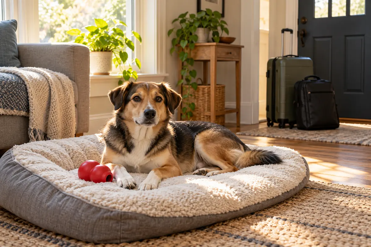 A calm brown, black and white dog lies on a grey bed by a sunny window with a red rubber food toy, while a suitcase and laptop bag wait by the front door