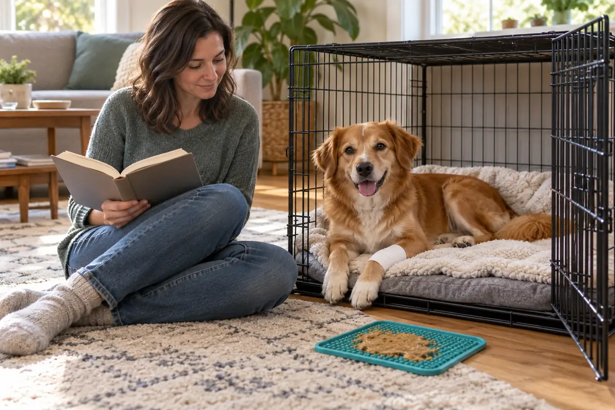A calm golden-red dog with a white bandage on one front leg lies on a cream fluffy blanket inside an open-door black wire crate in a bright living room, while a woman in a green sweater sits on the rug nearby reading a book, a teal lick mat with food on the floor
