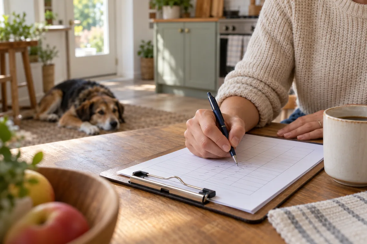 A dog owner in a cream knit sweater writes on a printed tracking sheet on a clipboard at a wooden kitchen table, with a coffee mug nearby and a tricolor dog resting on a rug in the background.