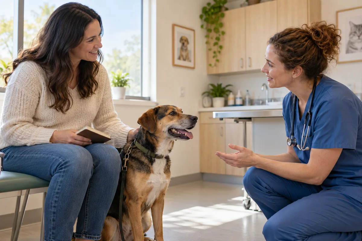 A smiling woman with long dark hair in a cream sweater sits holding a small notebook beside a tan, black and white leashed dog while a kneeling veterinarian in blue scrubs with a stethoscope talks with them in a bright exam room.