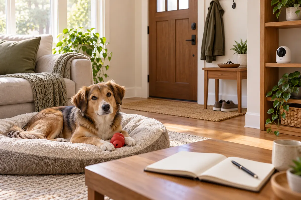 Calm brown, black and white dog lying on a round grey bed with a red rubber food toy in a bright living room, a green coat on a hook and shoes by the wooden front door, keys in a bowl on a small table, a white pet camera on a shelf and an open notebook and pen on the coffee table