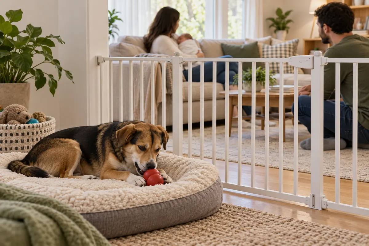 A tricolor dog chews a red rubber food toy on a soft round bed behind a white walk-through gate while parents sit with a newborn on the sofa in the background