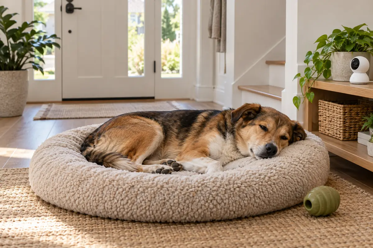 A relaxed tan, black and white mixed-breed dog dozes on a round cream plush bed on a woven rug near the front door of a bright home, a green rubber food toy beside the bed and a small white pet camera on a wooden shelf with plants