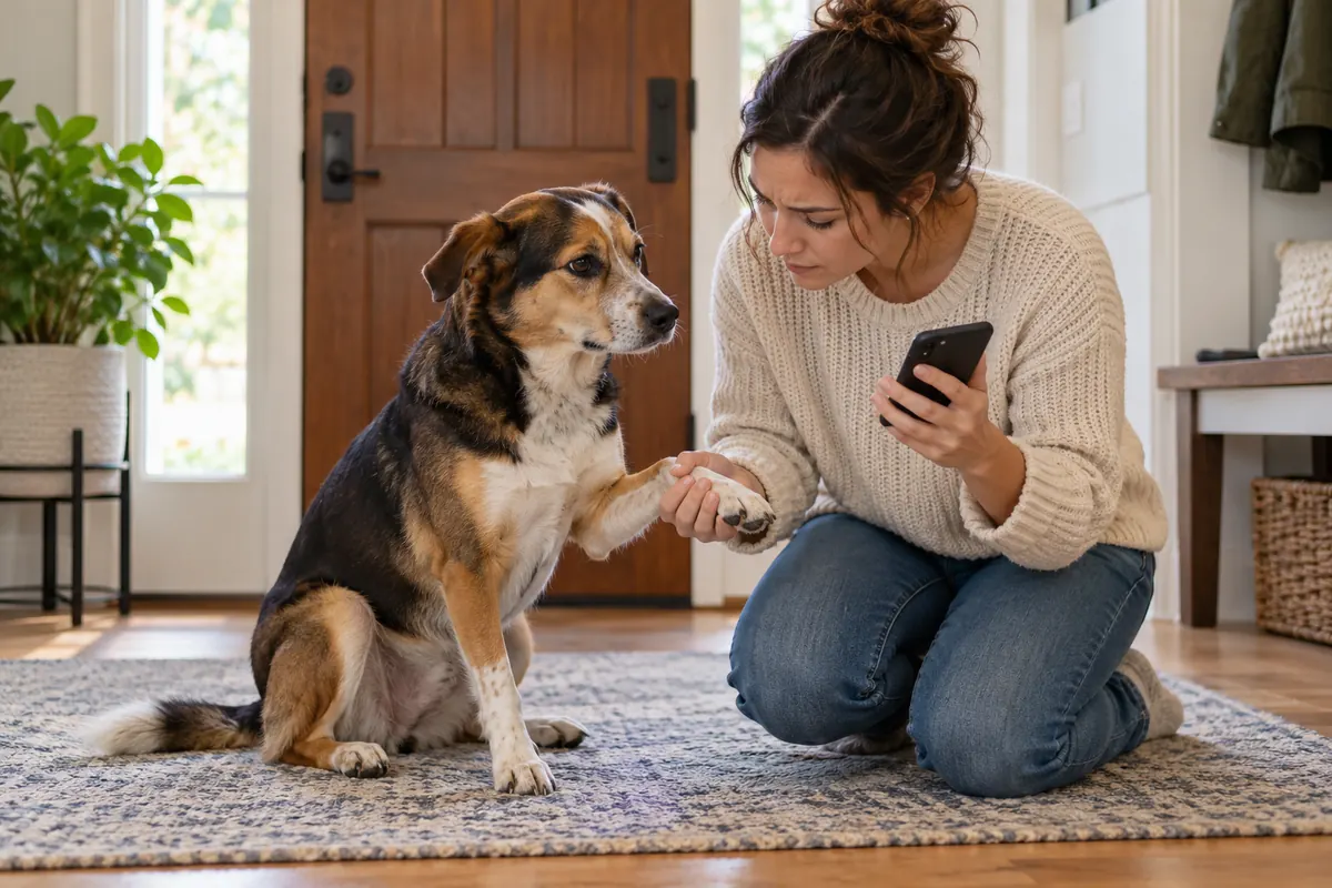 A dog owner in a cream knit sweater kneels on a rug in a bright entryway, holding a phone in one hand and gently checking the front paw of a seated tricolor dog, with a wooden front door behind them.
