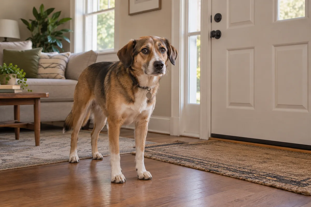 Medium mixed-breed dog alone near a closed front door in a living room, looking uncertain