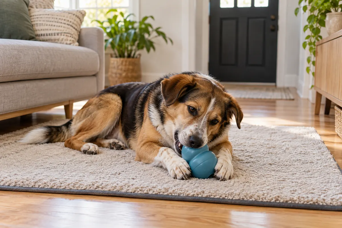 A tricolor mixed-breed dog lying on a cream rug in a bright living room, chewing a blue rubber food toy, with the front door softly in the background
