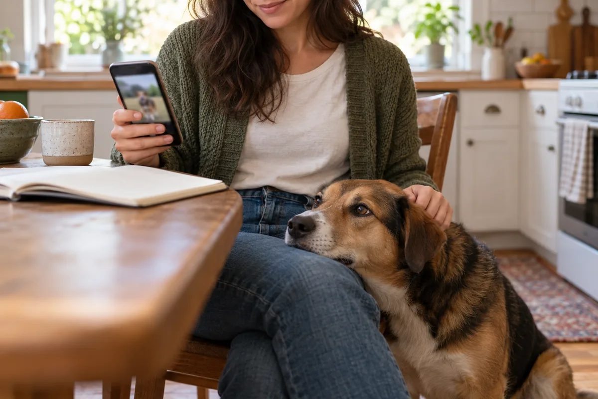 A woman in a green cardigan sits at a wooden kitchen table holding a smartphone that shows a dog video beside an open notebook, while a calm tricolor dog rests its head on her knee in soft daylight