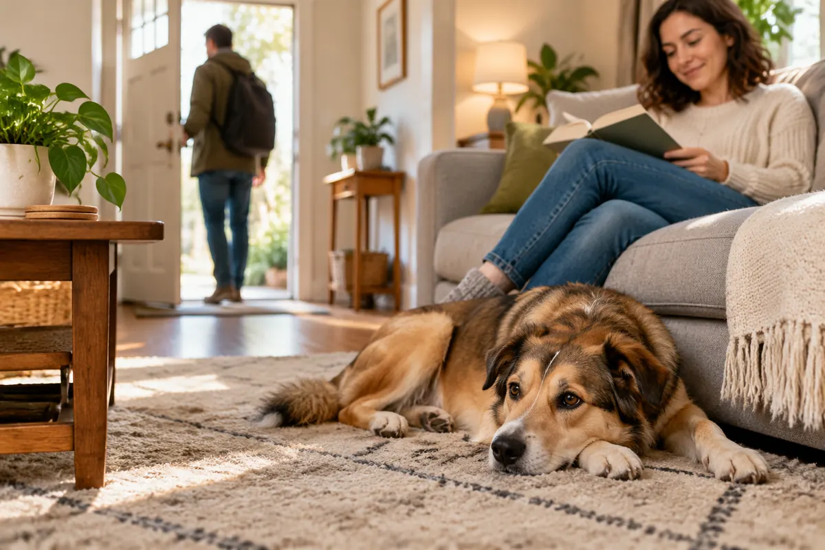 A calm tan and black dog lies on a rug beside a woman reading on a sofa while a man with a backpack leaves through the front door