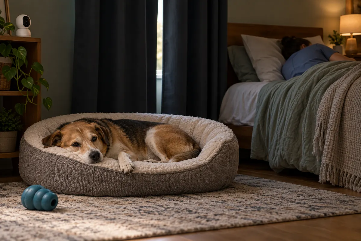 Calm medium-sized dog resting on a cozy round bed in a softly darkened bedroom with blackout curtains and a thin line of daylight, while a person in scrubs sleeps in the bed nearby; a rubber food toy on the floor and a small white pet camera on a shelf