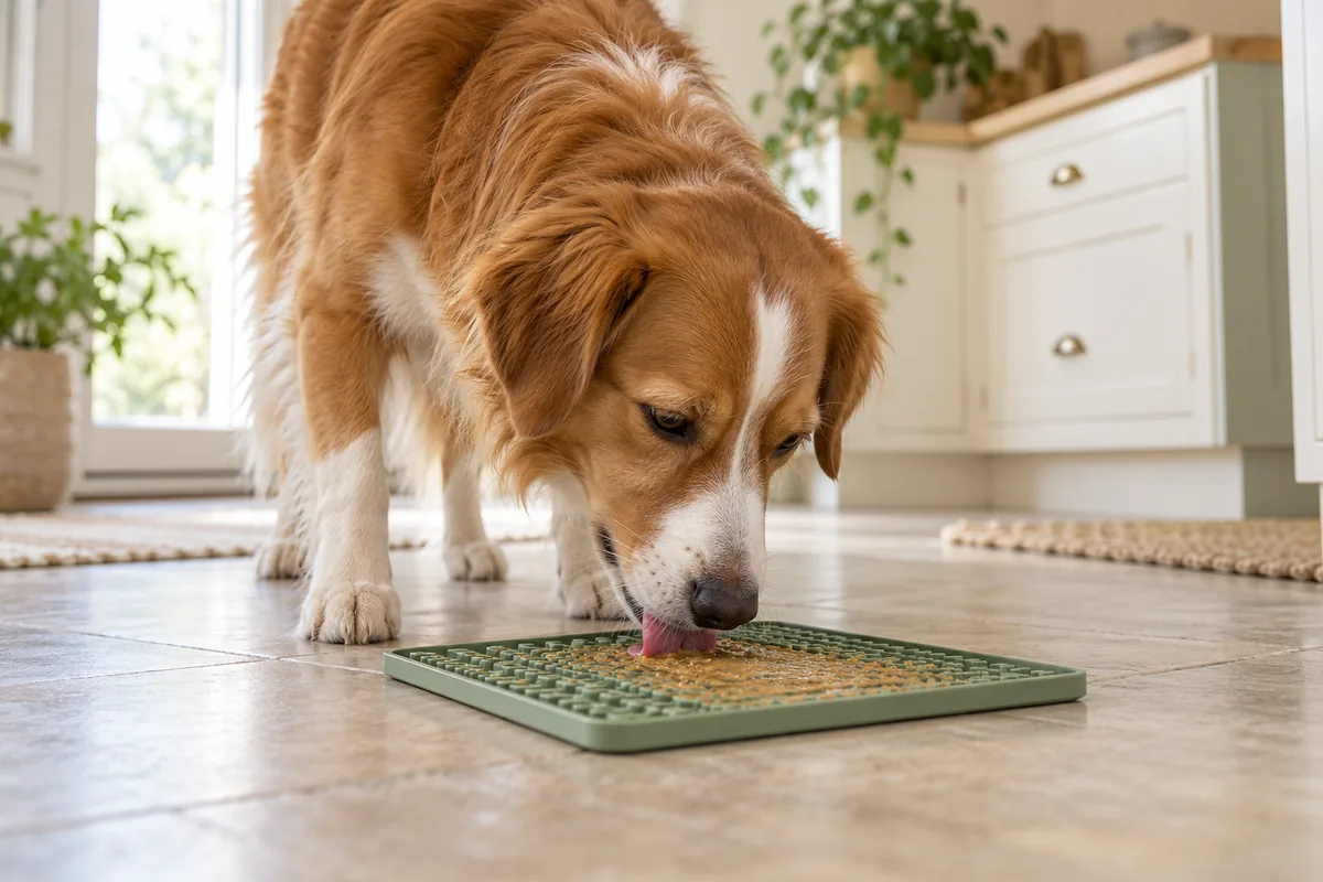 Golden-and-white dog calmly licking food from a green textured lick mat on a bright kitchen floor