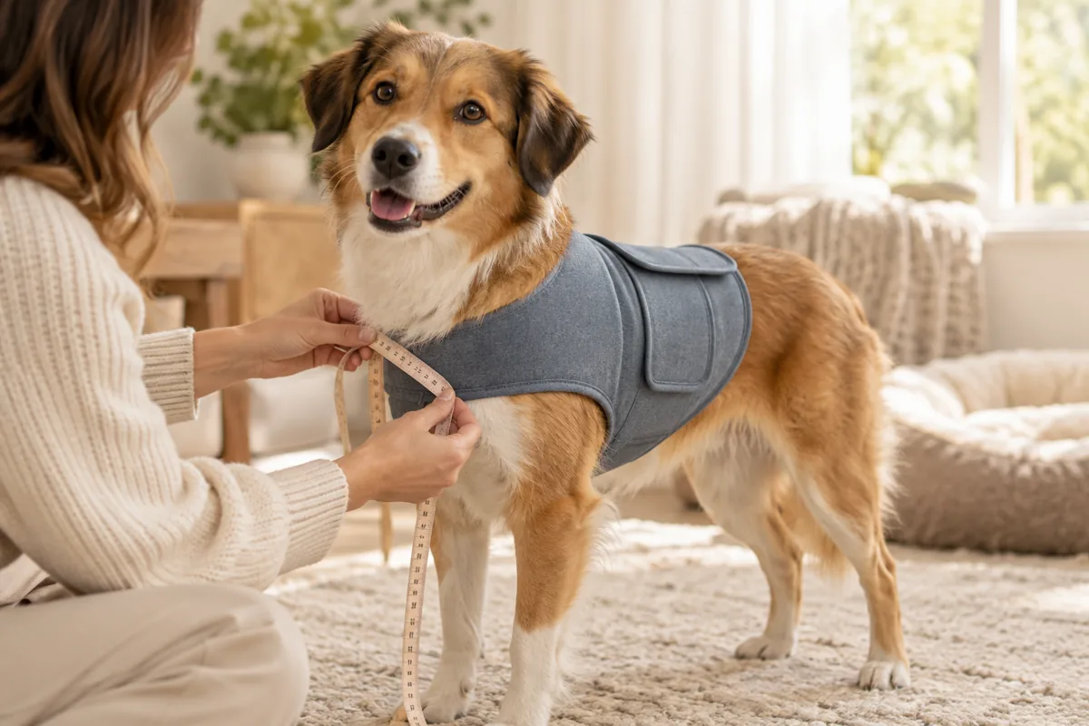 Owner fitting a grey anxiety vest wrap on a calm mixed-breed dog indoors