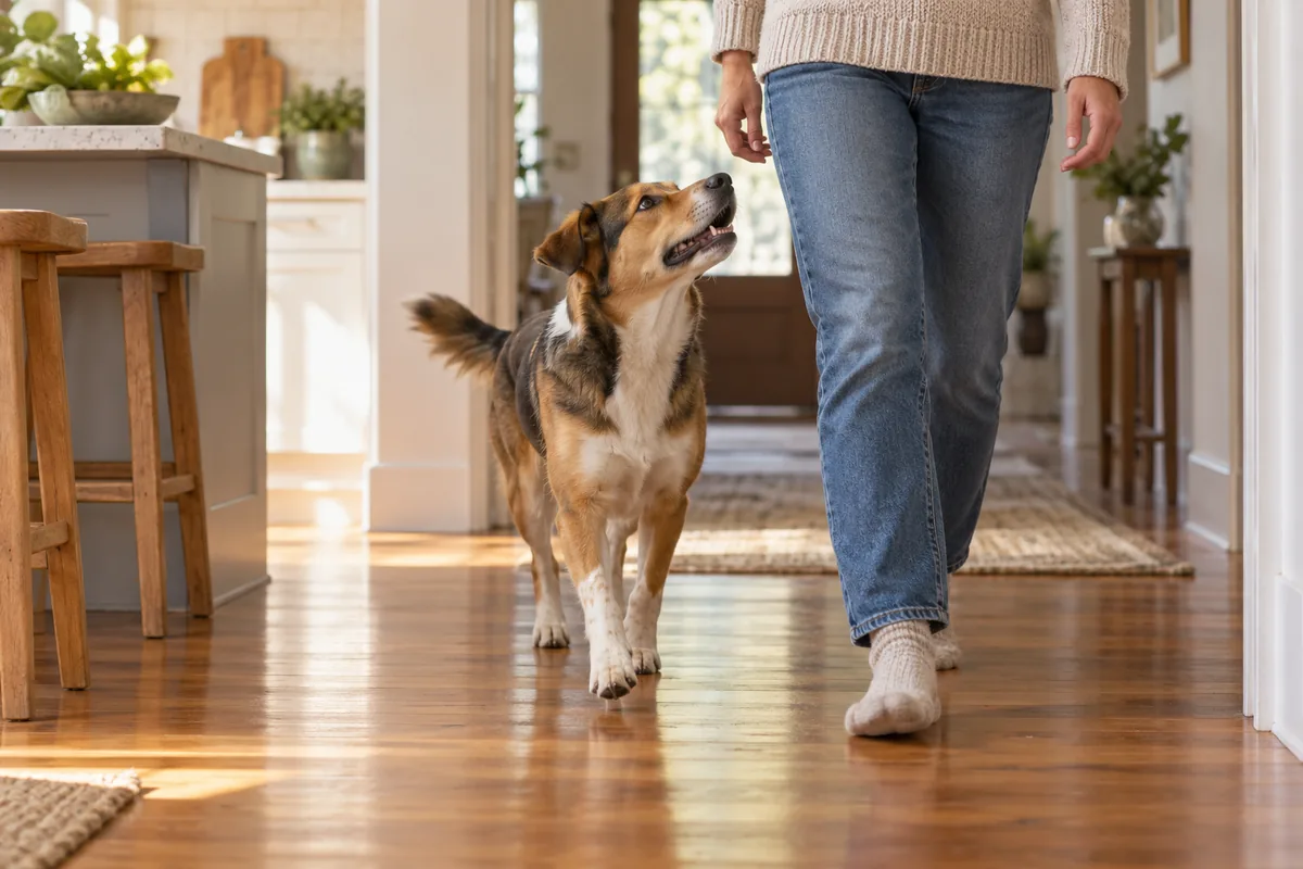 A medium-sized brown, black and white dog looks up lovingly while walking beside a person in jeans and a knit sweater from a bright kitchen into a sunlit wooden-floored hallway.