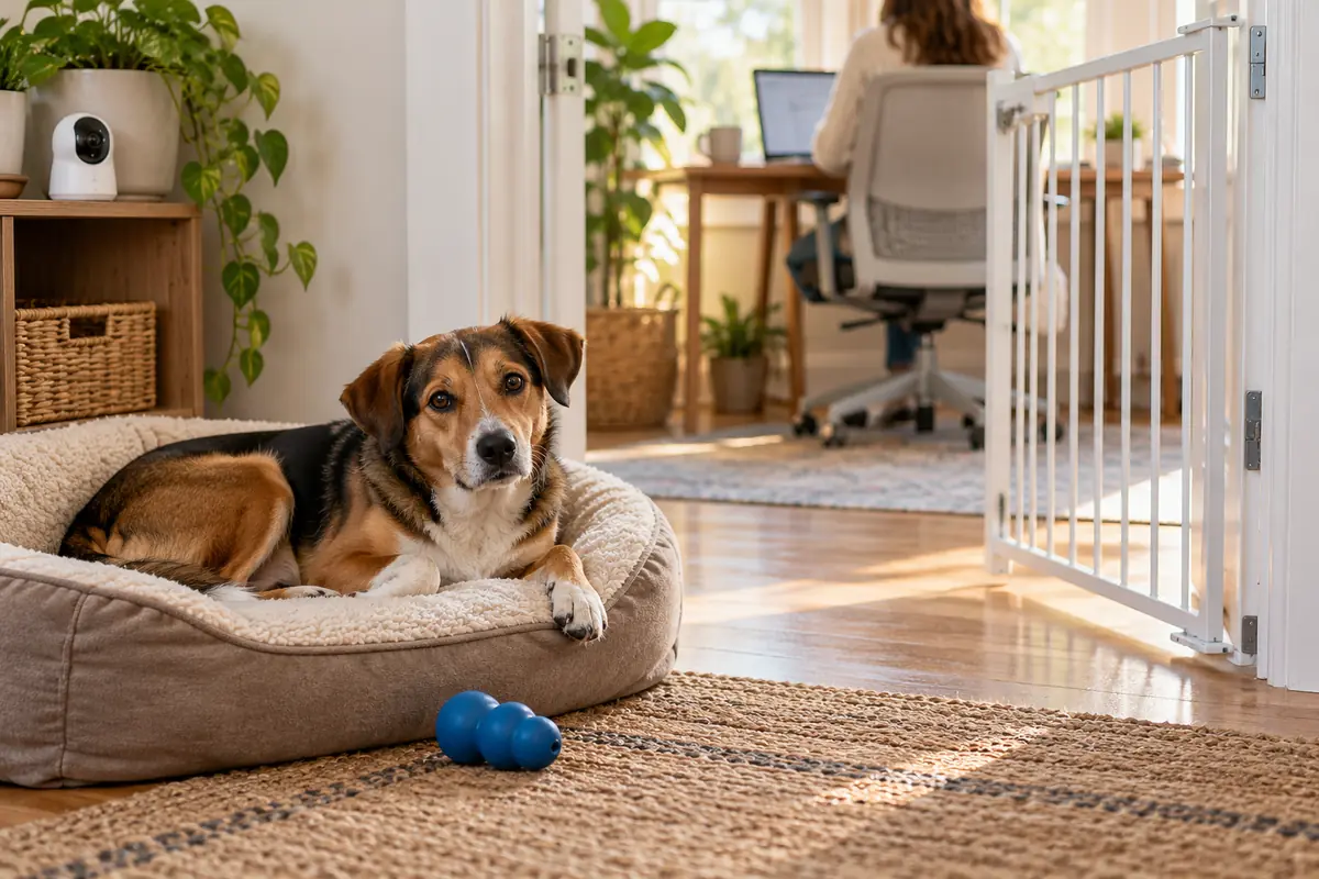 Calm brown, black and white dog lying on a cream sherpa bed with a blue rubber food toy in a bright home office, an open white pet gate nearby, a pet camera on a shelf and a person working at a laptop in the background