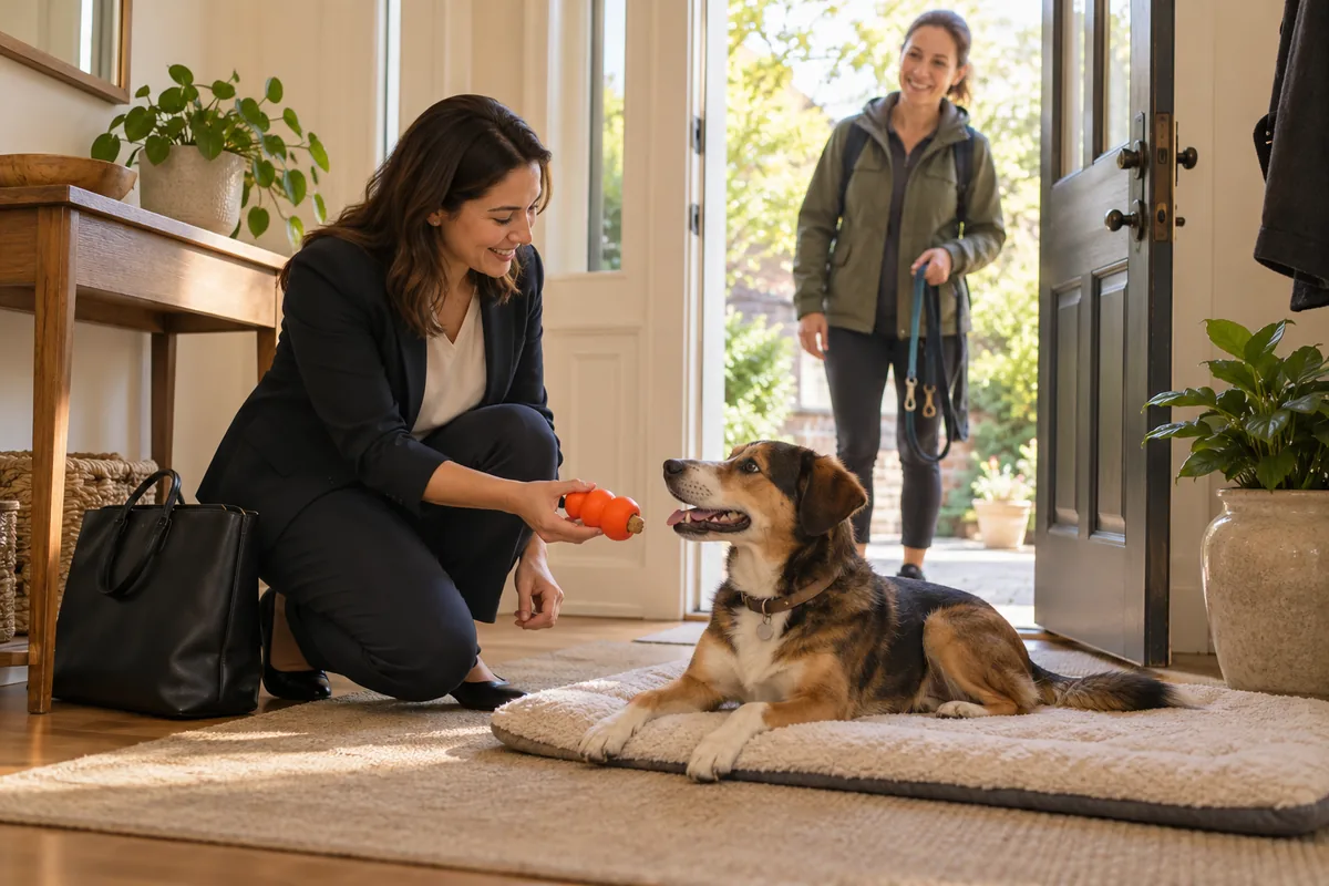 A smiling woman in a dark work suit kneels on a rug by the open front door, offering an orange stuffed rubber food toy to a brown, black and white mixed-breed dog lying on a soft mat while a dog walker holding a leash waits outside