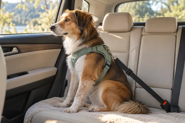Calm dog wearing a harness in the back seat of a car