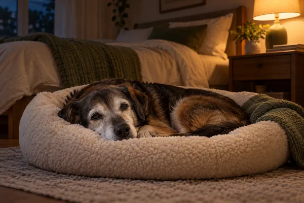 Senior dog resting in its bed at night beside a warm lamp