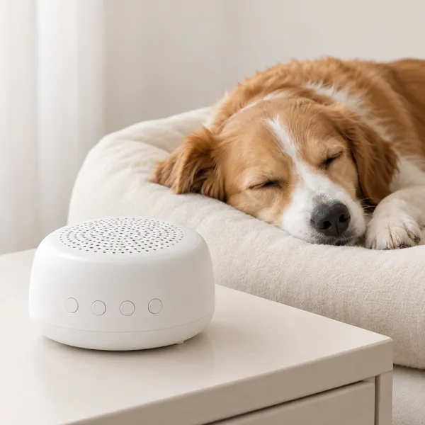 White noise machine beside a sleeping dog